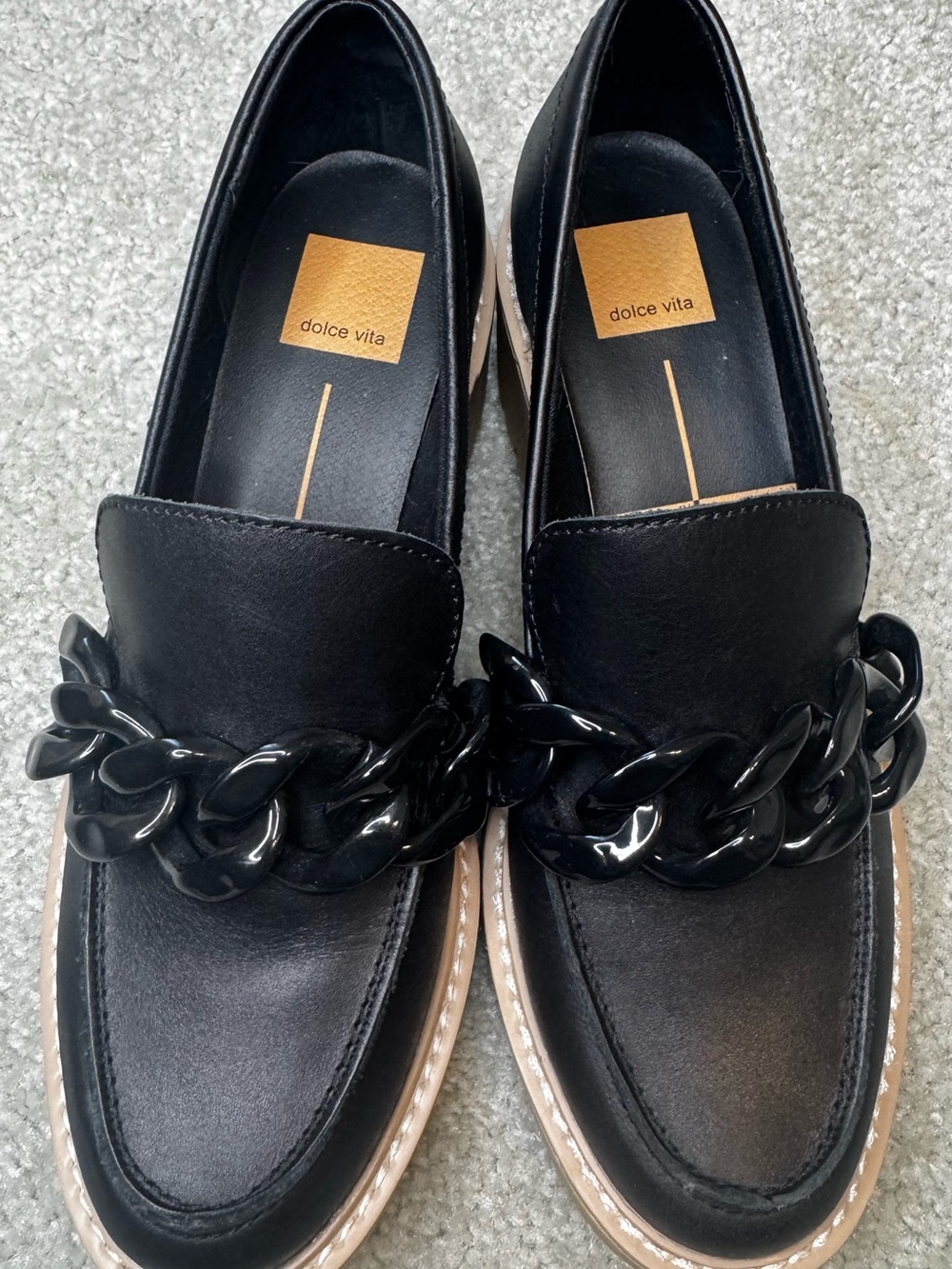 Dolce Vita Black Loafers with Chunky Black Chain and Tan Lug Sole - Picture 2 of 8